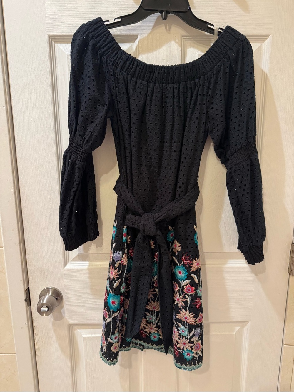 Elliatt Black Eyelet Off-Shoulder Dress with Multi Floral Embroidery